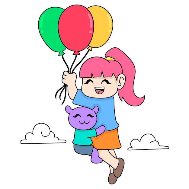 A girl is flying in a balloon hugging her pet, vector illustration art. doodle icon image kawaii.