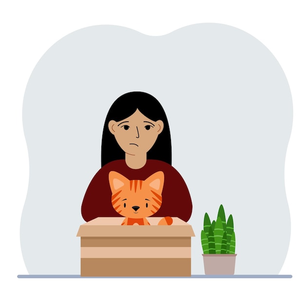 Vector a girl is holding a cardboard box with a beautiful ginger cat the concept of rescue help and care for pets