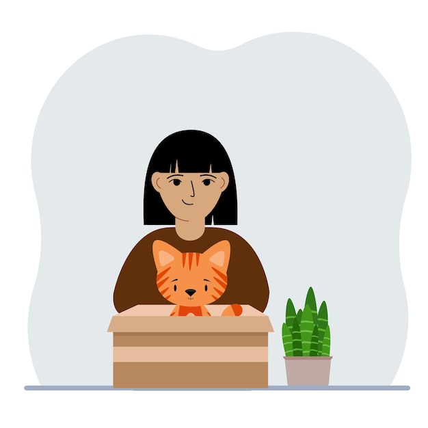 Vector a girl is holding a cardboard box with a beautiful ginger cat the concept of rescue help and care for pets