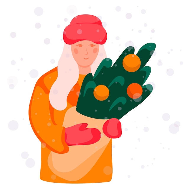 The girl is holding Christmas tree branches in her hands New Year's card Snow is falling Orange fur coat mittens Teenager Outside in winter Vector illustration