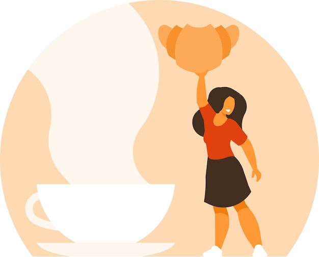 A Girl Is Holding A Croissant Above The Coffee Cup Isolated On Transparent Background