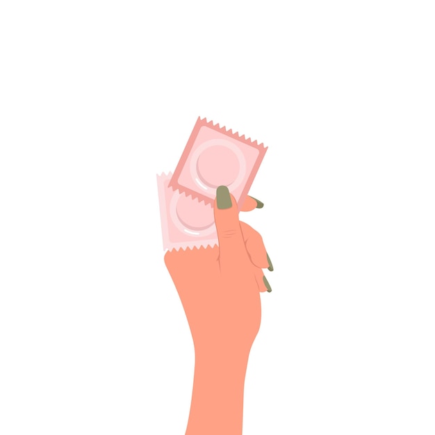 A girl is holding a pair of different flatstyle condoms in her hand Concept of contraception