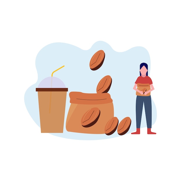 Vector the girl is holding a sack of coffee