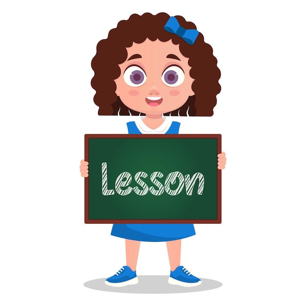 The girl is holding a small board. Vector illustration