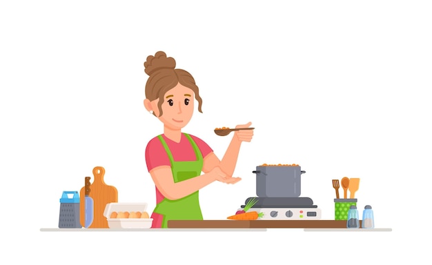 A girl is making soup in a pot Vector illustration of housewife cook Feeding the children