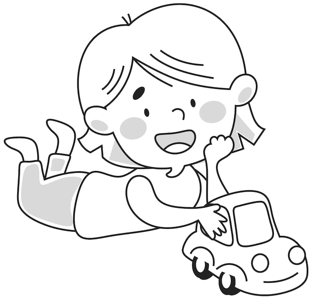 A girl is playing with a car Contour black and white illustration for coloring