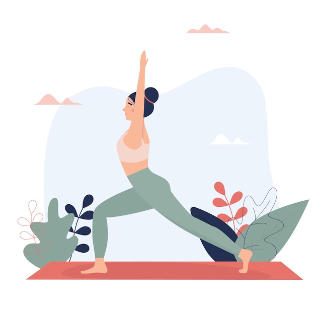 Girl is practicing yoga Flat illustration in nature style