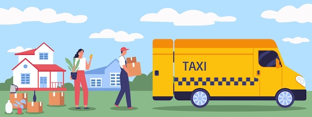 The girl is relocating with the help of a cargo taxi flat illustration