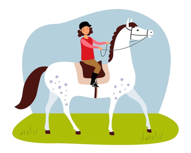 The girl is riding a white horse. The girl learns to ride a horse. Vector hand drawn illustration.