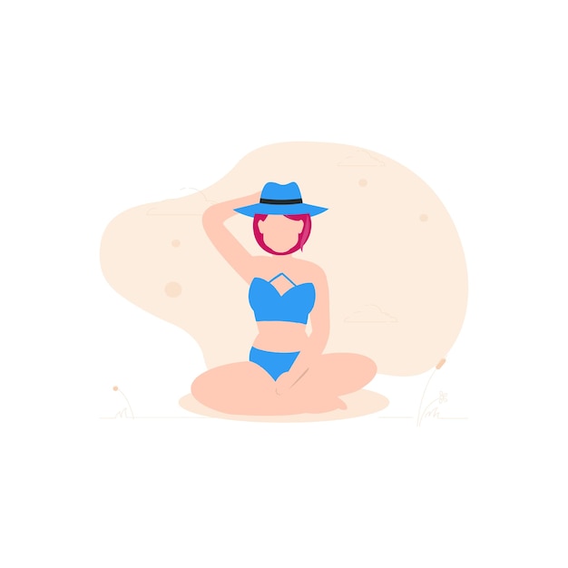 The girl is sitting on beach and wearing bikini hat