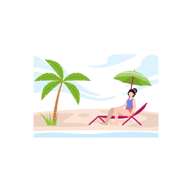 The girl is sitting on deck chair and enjoying on beach