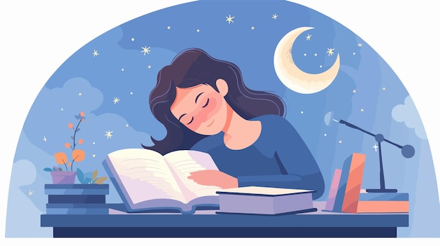 a girl is sleeping on a book and she is reading a book