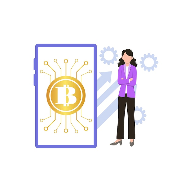 The girl is standing next to Bitcoin Computing on her mobile phone