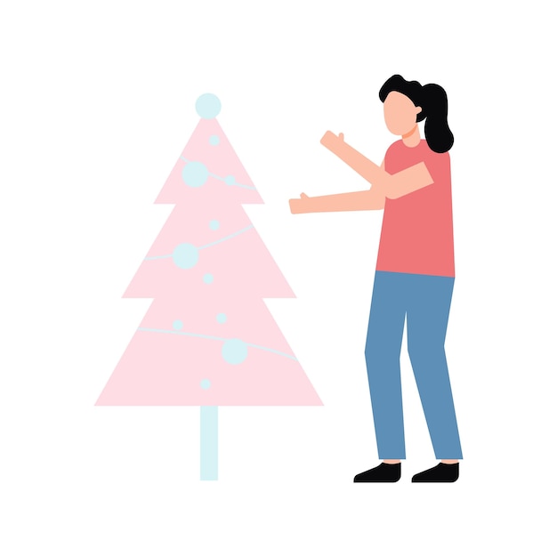 The girl is standing by the Christmas tree