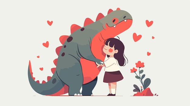 Vector a girl is standing next to a dinosaur that has hearts on it