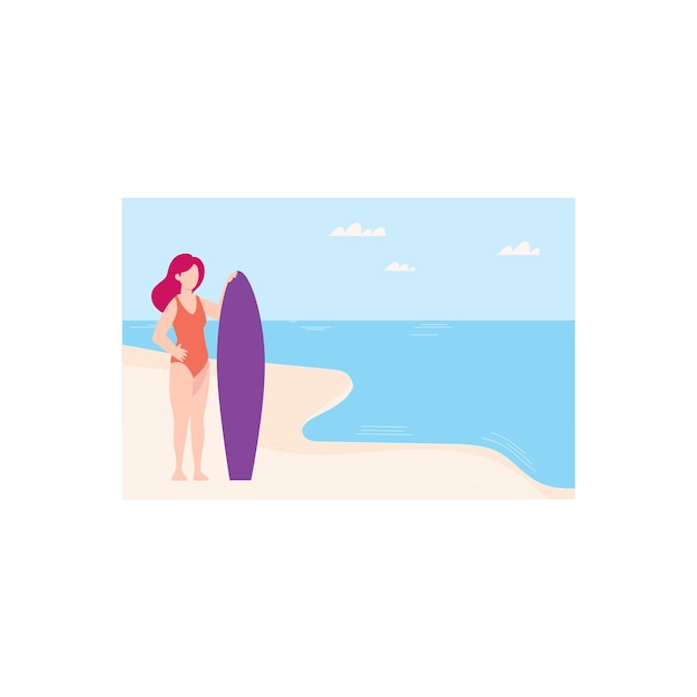 The girl is standing with surf board on beach