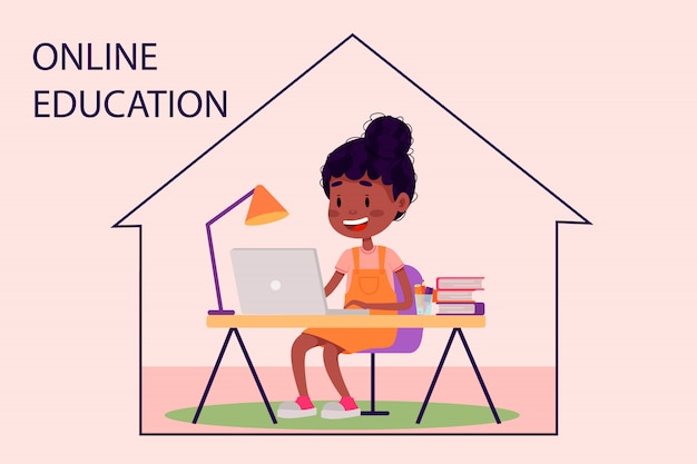 Girl is studying online with the laptop by the table at home. Vector flat illustration for websites. Quarantine stay home pandemic