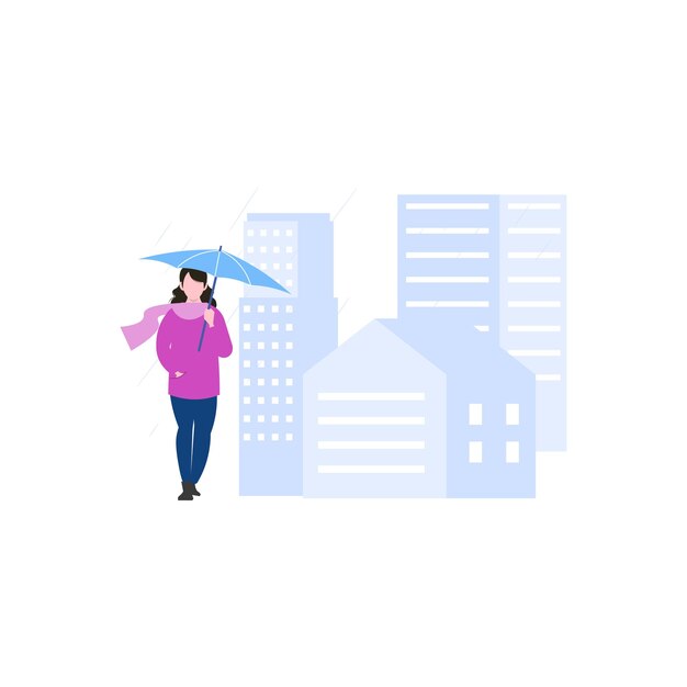 The girl is walking in the rain with an umbrella