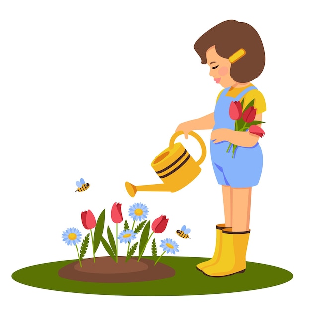 A girl is watering flowers from a watering can