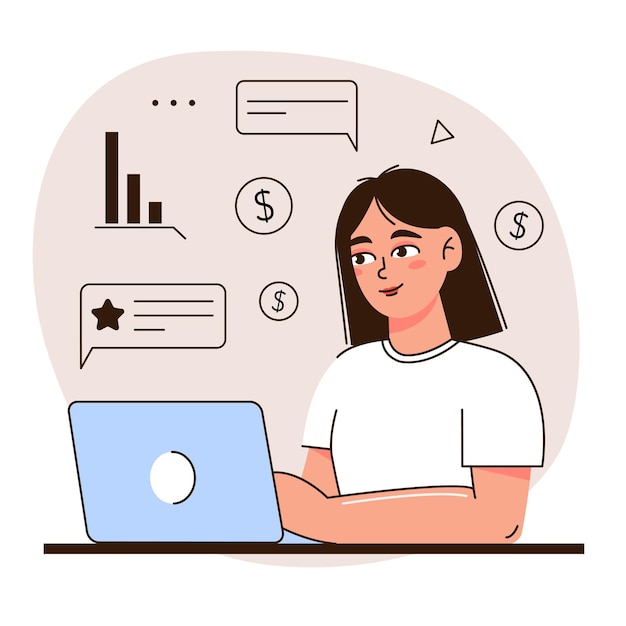 The girl is working on a laptop Work online or freelance Flat style Suitable for image work office hiring staff Vector illustration