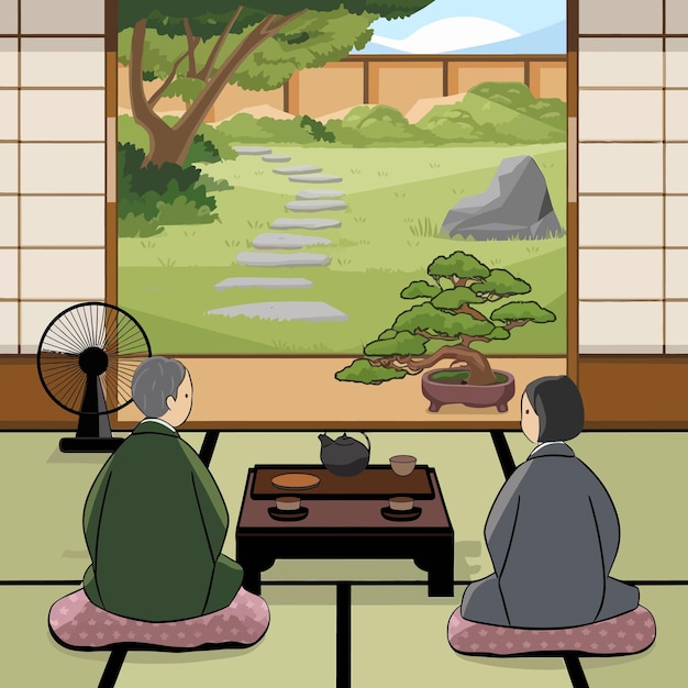 Vector a girl in a japanese house with a japanese garden on the wall