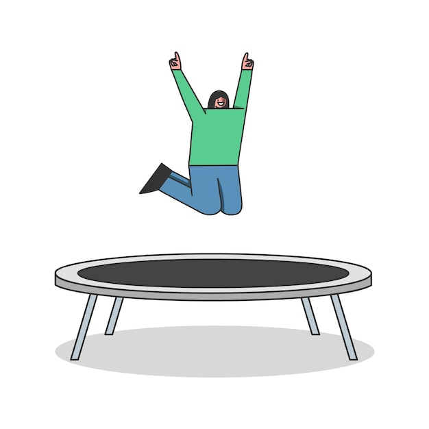 Girl jumping on trampoline. Female cartoon character having fun on garden trampoline