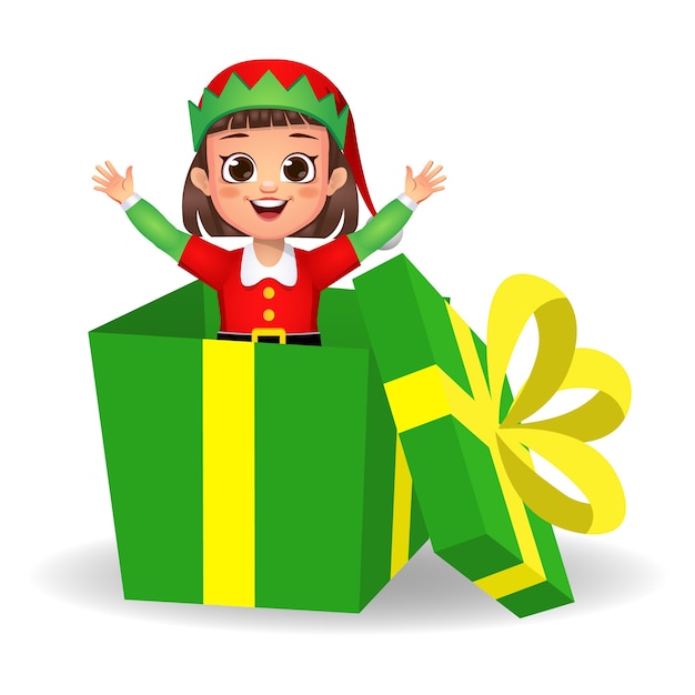 Girl kid in elf dress in gift box