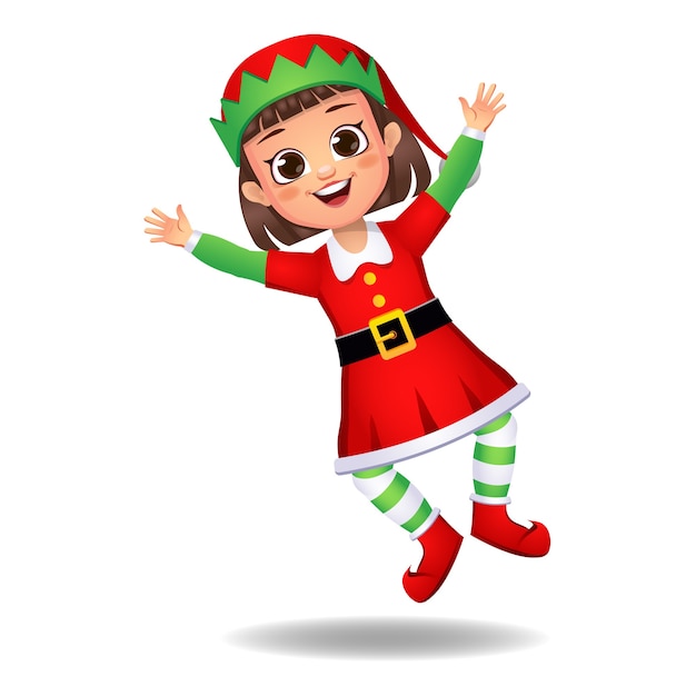 Girl kid in elf dress jumping