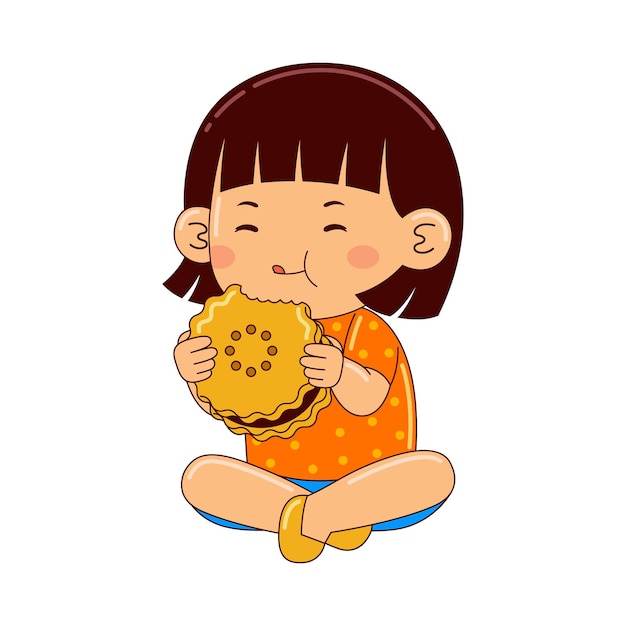 girl kids eating biscuit vector illustration