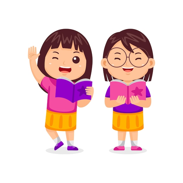 Girl Kids Reading Book vector illustration