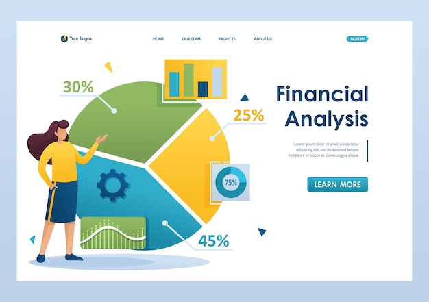 girl next to a large chart and a set of analytical data to analyze the information 2D Landing page