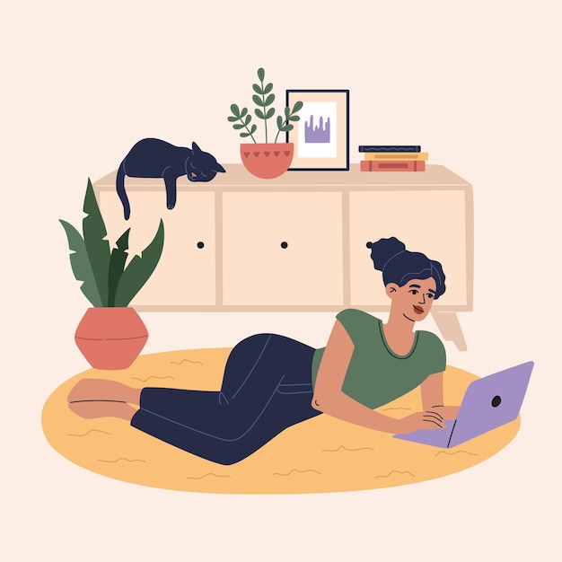 Girl lies on the carpet and works with laptop in comfortable room. Cute cat sleeping on chest of drawers. Remote job and study workspace concept, worker at home. Flat cartoon illustration