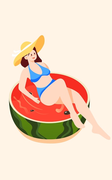 The girl lies on a watermelon and swims in a pool vector illustration