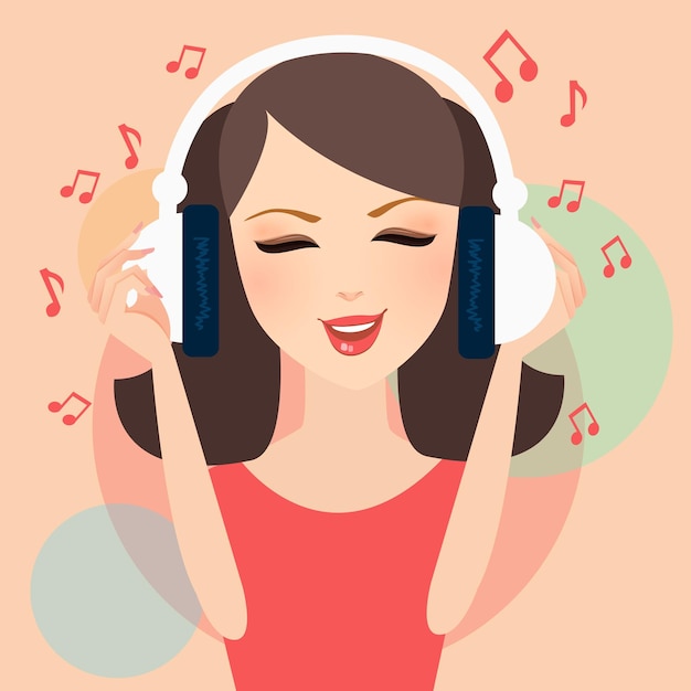 girl listening to music in headphone young female pretty with musical notation fly around