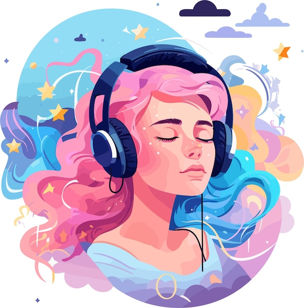 girl listening to music in the style of electric a white background Generative Ai