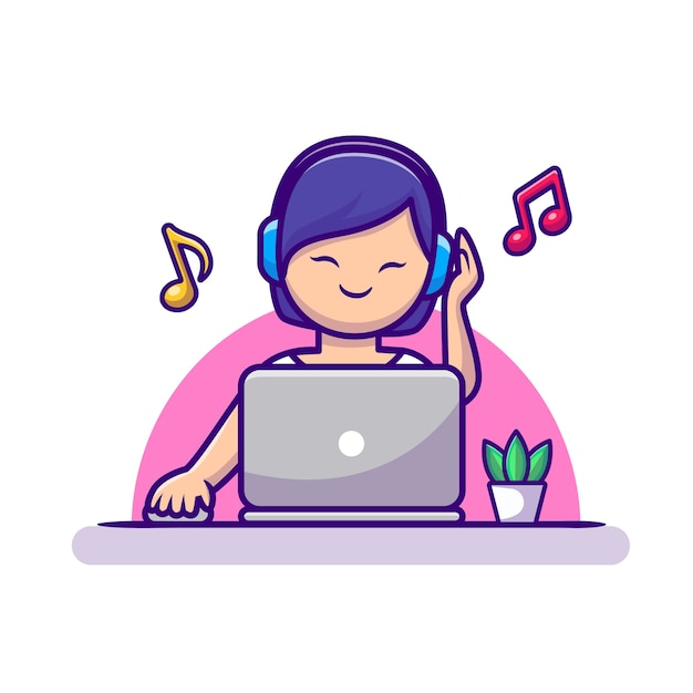 Girl Listening Music With Headphone And Laptop Cartoon Vector Icon Illustration. People Technology Icon Concept Isolated Premium Vector. Flat Cartoon Style