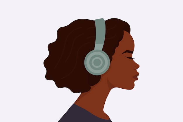 Vector girl listens to music in headphones profile of a young african woman