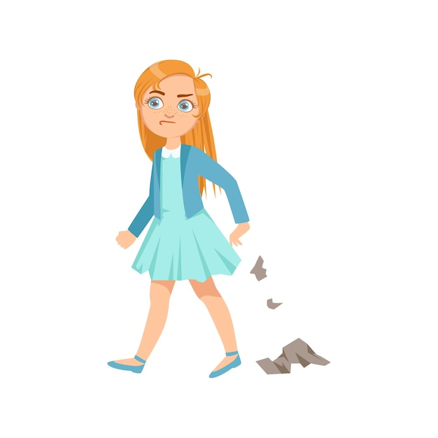 Girl Littering Teenage Bully Demonstrating Mischievous Uncontrollable Delinquent Behavior Cartoon Illustration