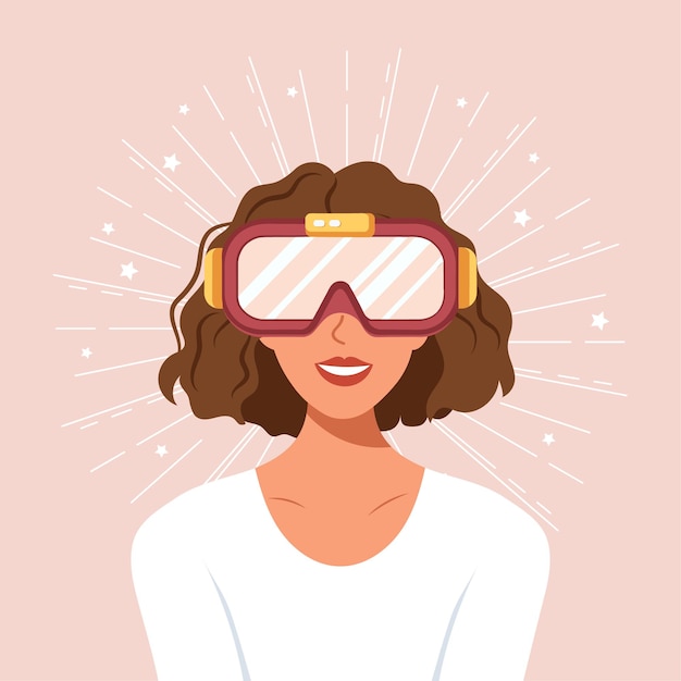 Girl looking through virtual reality goggles Modern woman in futuristic glasses