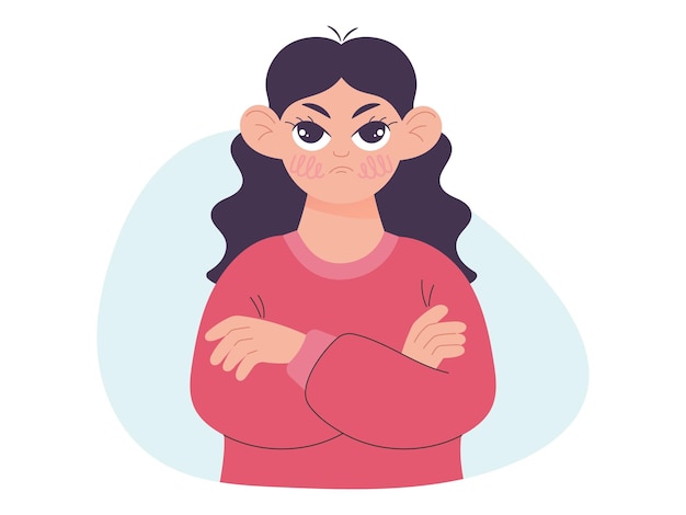 Girl looking with an angry look hands folded vector illustration