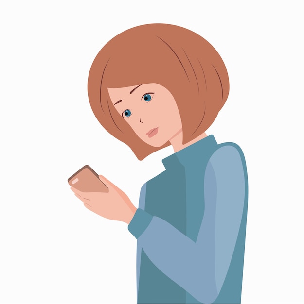 The girl looks at the phone A girl holds a phone in her hand reads a message talks on a video call Vector Vector illustration in a flat style White background