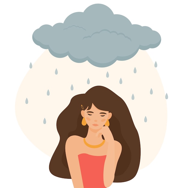 Girl looks sad with a grey cloud raining over her illustration