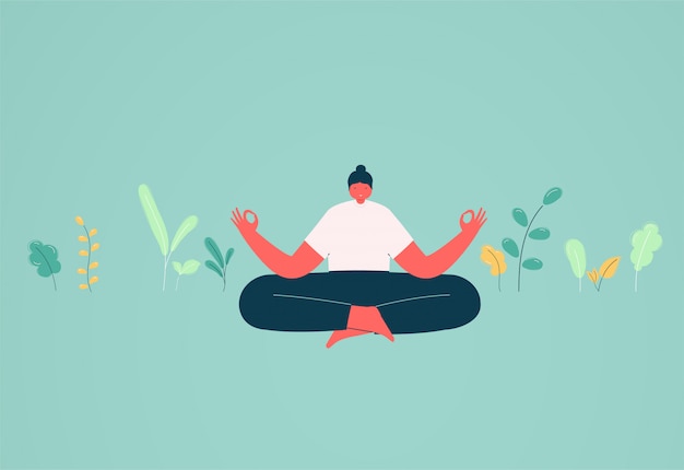 Girl in lotus position meditation. Concept of energy charge and relaxation, business solutions.