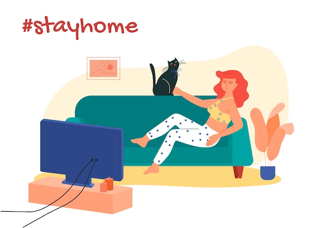 Girl lying on the sofa with her cat and watching movies. Stay at home hashtag illustration.