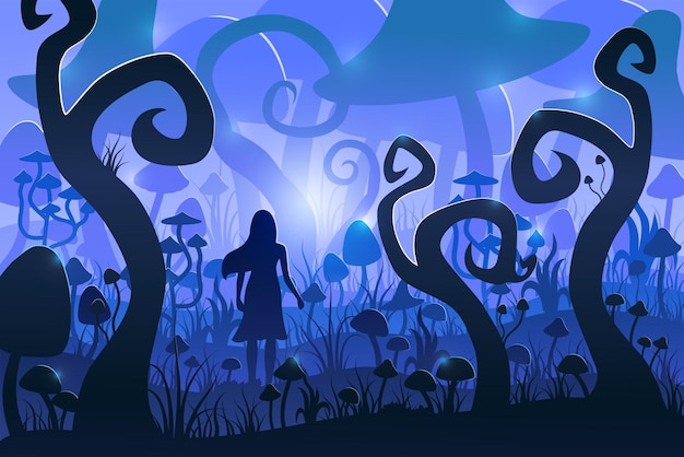 Girl in a magical mushroom forest. Psychedelic mushrooms. Vector illustration.