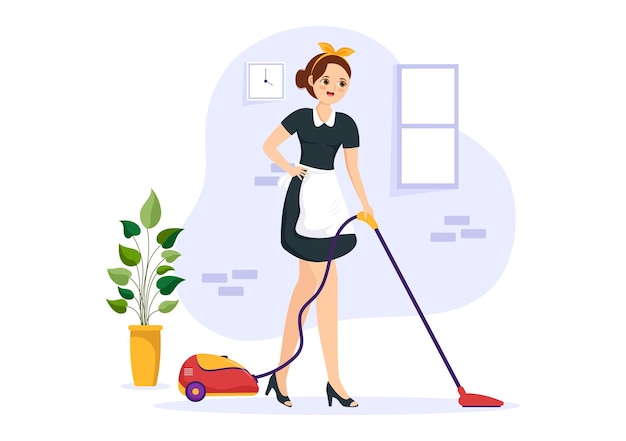 Vector girl maid illustration of cleaning service wearing her uniform with apron for clean a house