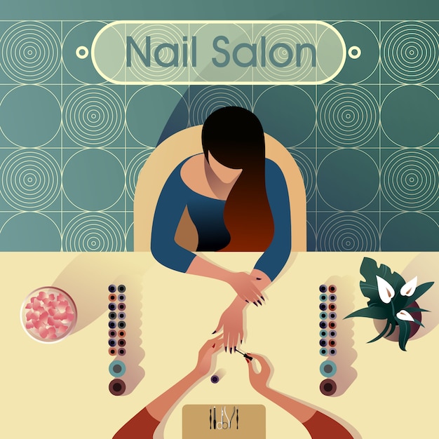 Girl makes a manicure in a nail salon, modern city life illustration.