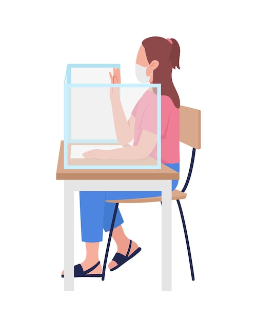 Girl in mask at school lesson semi flat color vector character