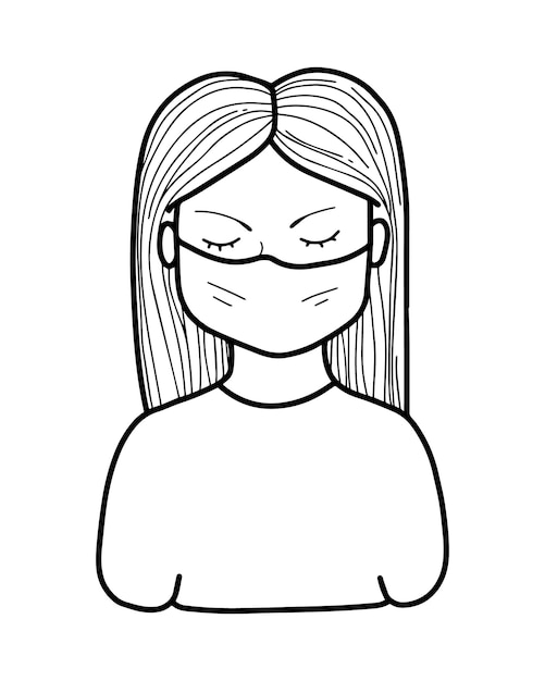 Girl in a medical mask with long hair and closed eyes man virus protection doodle linear cartoon coloring