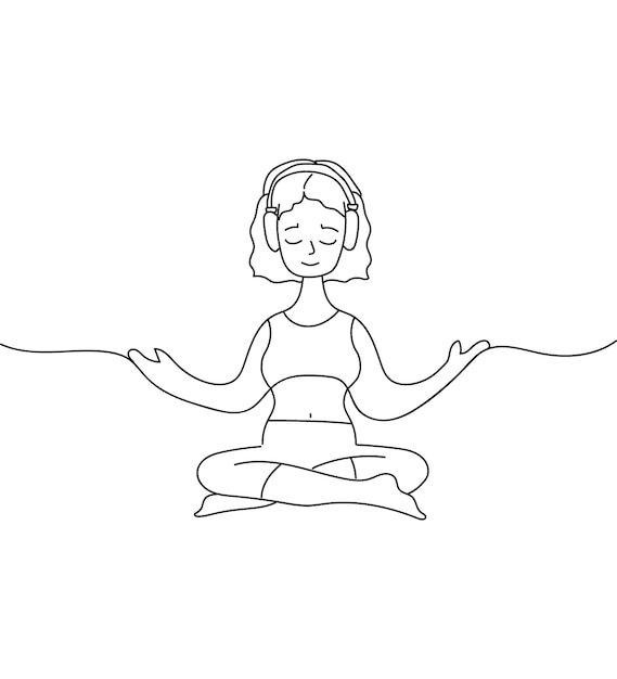 Girl meditates listens to music with headphones Oneline illustration modern and stylish vector Cozy time yoga